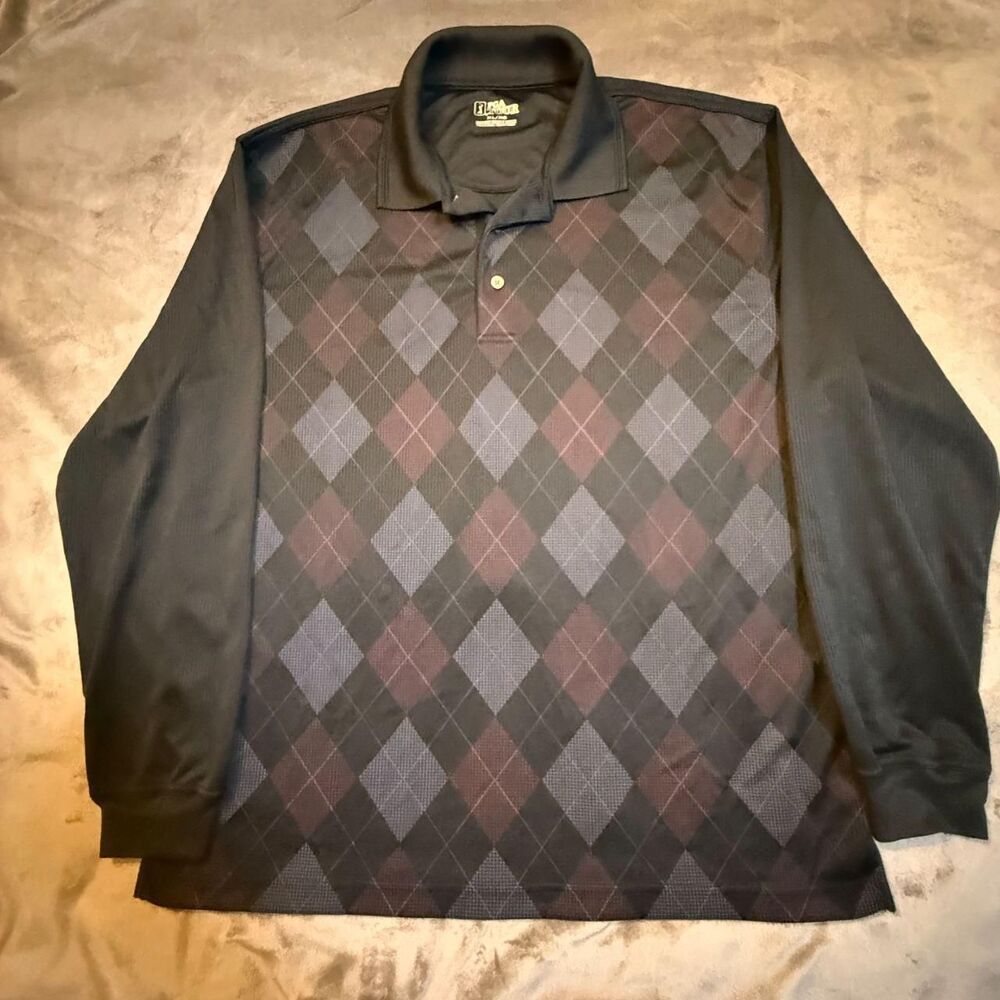 PGA Tour Black and purple argyle long sleeve polo shirt Size XL - 0250